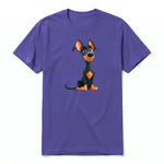 A purple short-sleeve crewneck t-shirt for adult featuring a graphic of a dog on the front.