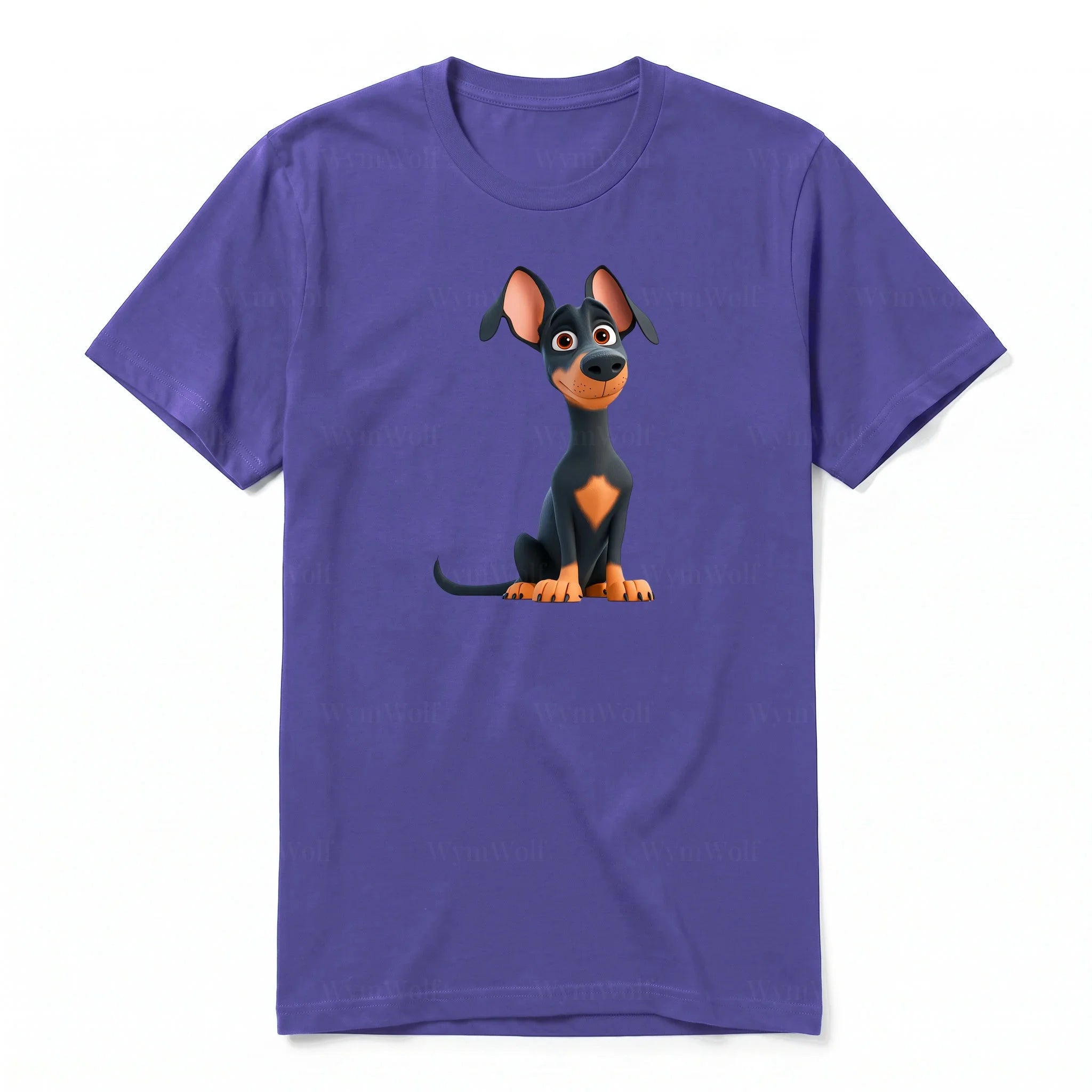A purple short-sleeve crewneck t-shirt for adult featuring a graphic of a dog on the front.