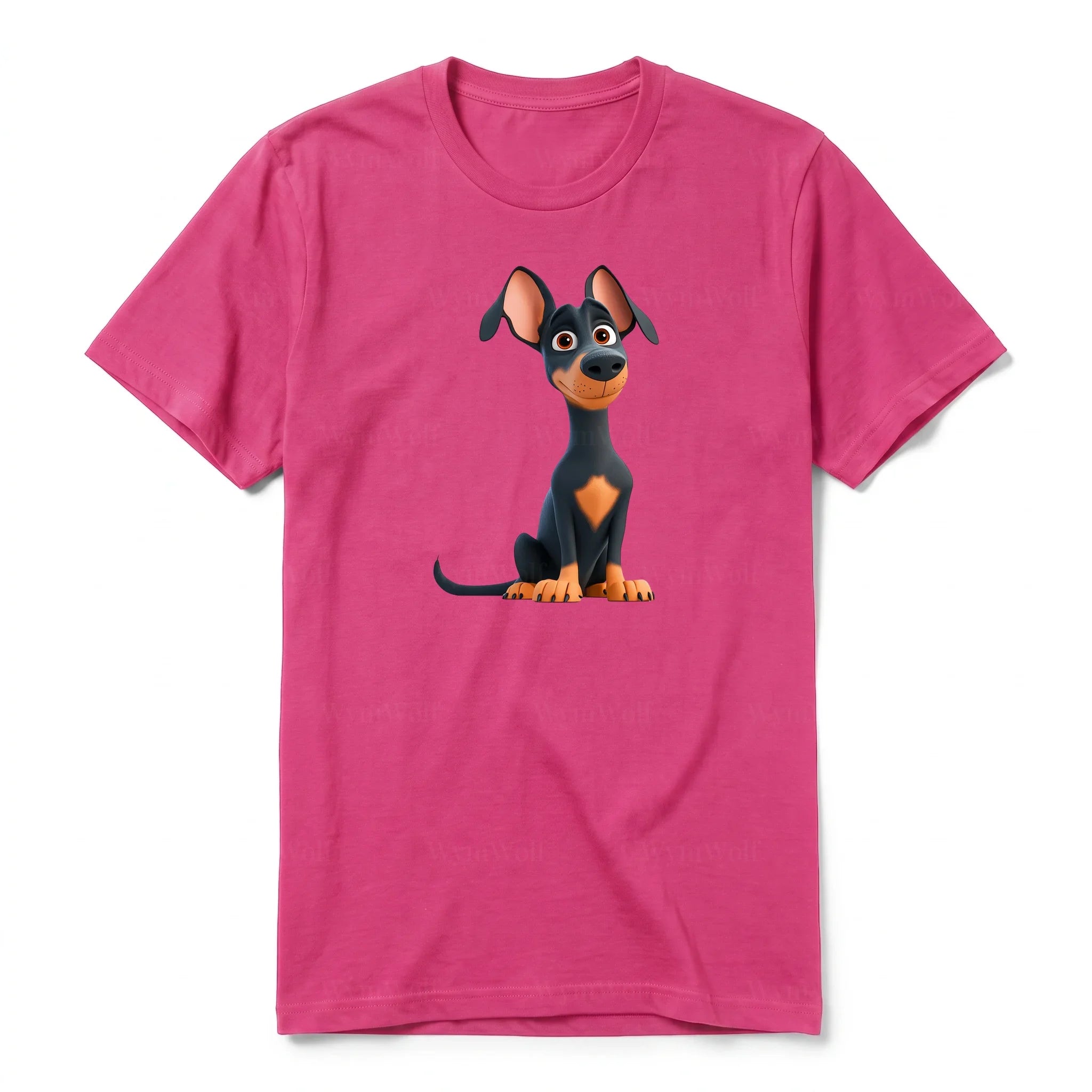 Un T-shirt framboise à manches courtes et col rond, orné d'un motif représentant un chien sur le devant.