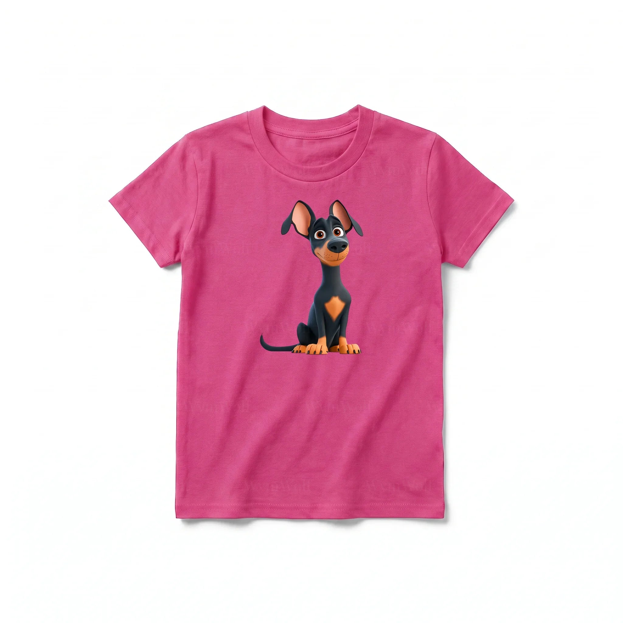 Un T-shirt framboise à manches courtes et col rond pour jeune, orné d'un motif représentant un chien sur le devant.