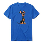 A royal short-sleeve crewneck t-shirt for adult featuring a graphic of a dog on the front.