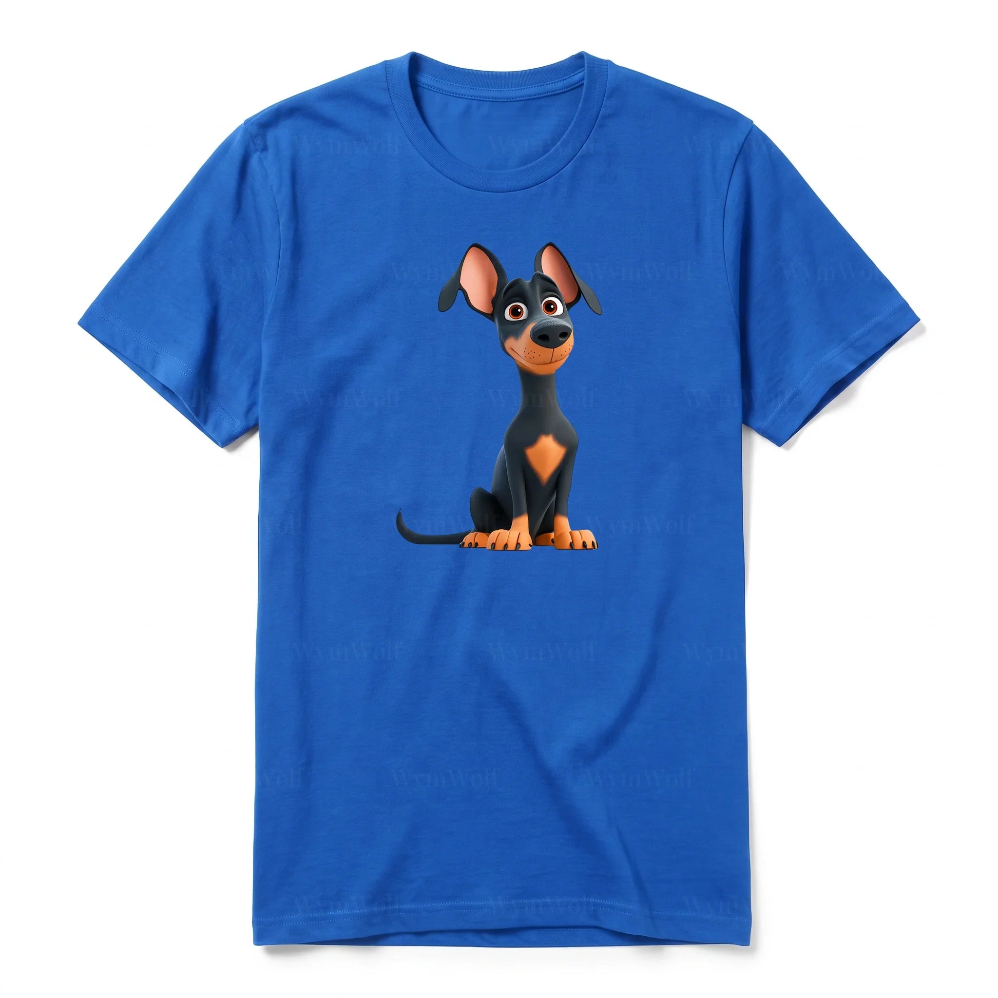 A royal short-sleeve crewneck t-shirt for adult featuring a graphic of a dog on the front.