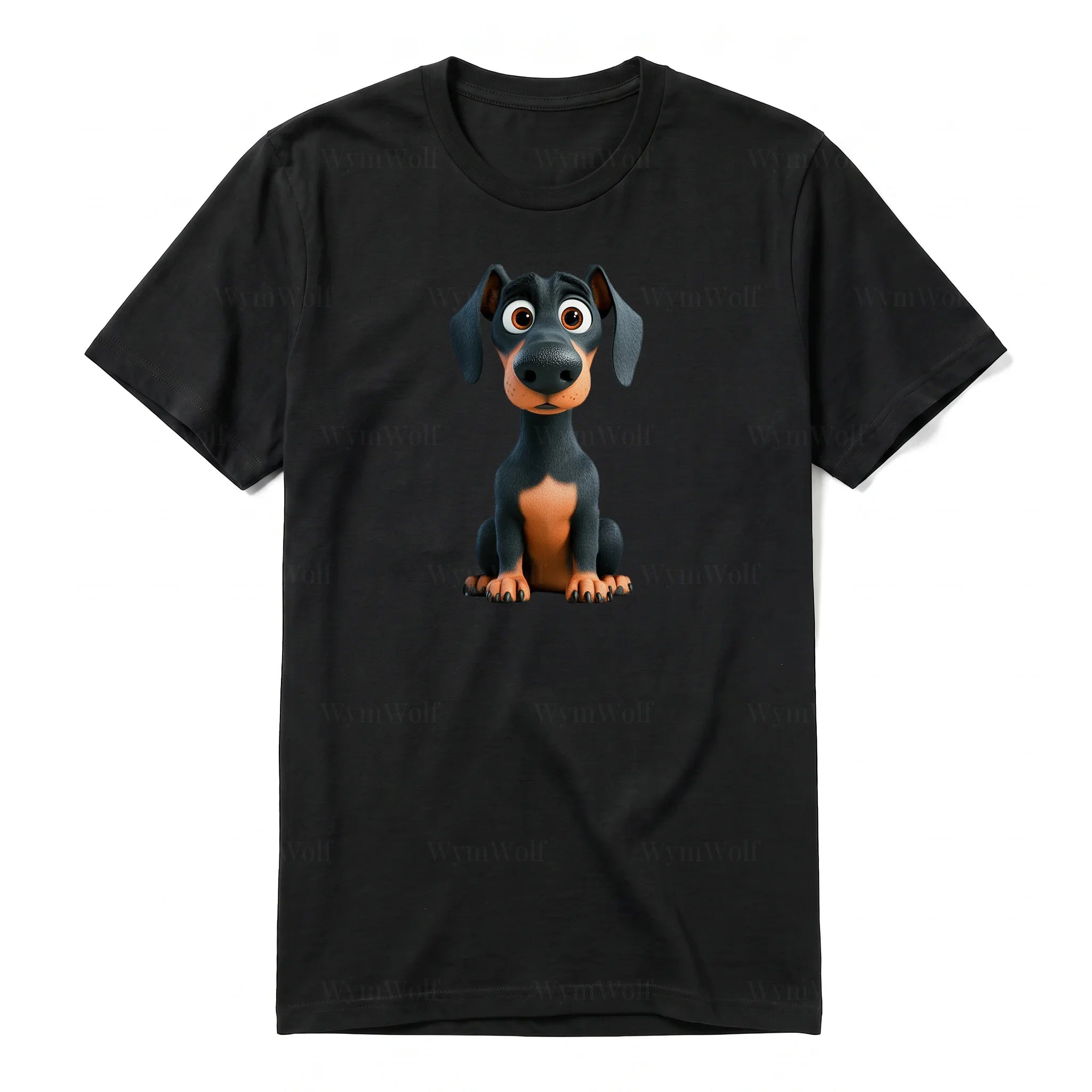 A black short-sleeve crewneck t-shirt for adult featuring a graphic of a dog on the front.
