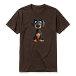 A chocolate short-sleeve crewneck t-shirt for adult featuring a graphic of a dog on the front.