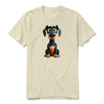 Un T-shirt latte à manches courtes et col rond, orné d'un motif représentant un chien sur le devant.