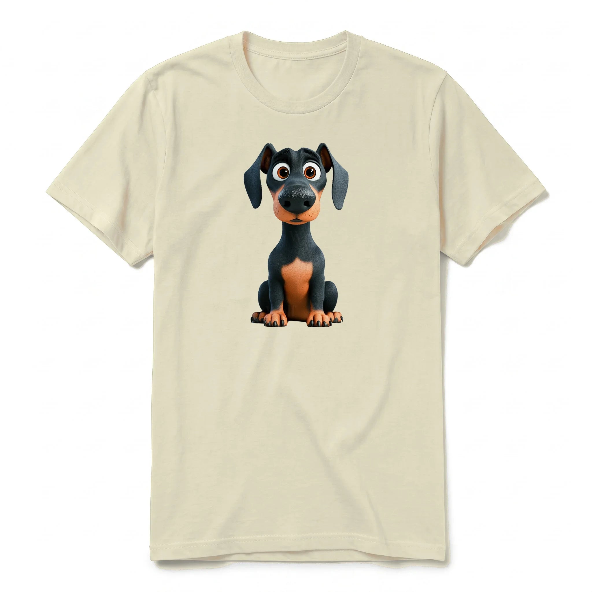 Un T-shirt latte à manches courtes et col rond, orné d'un motif représentant un chien sur le devant.