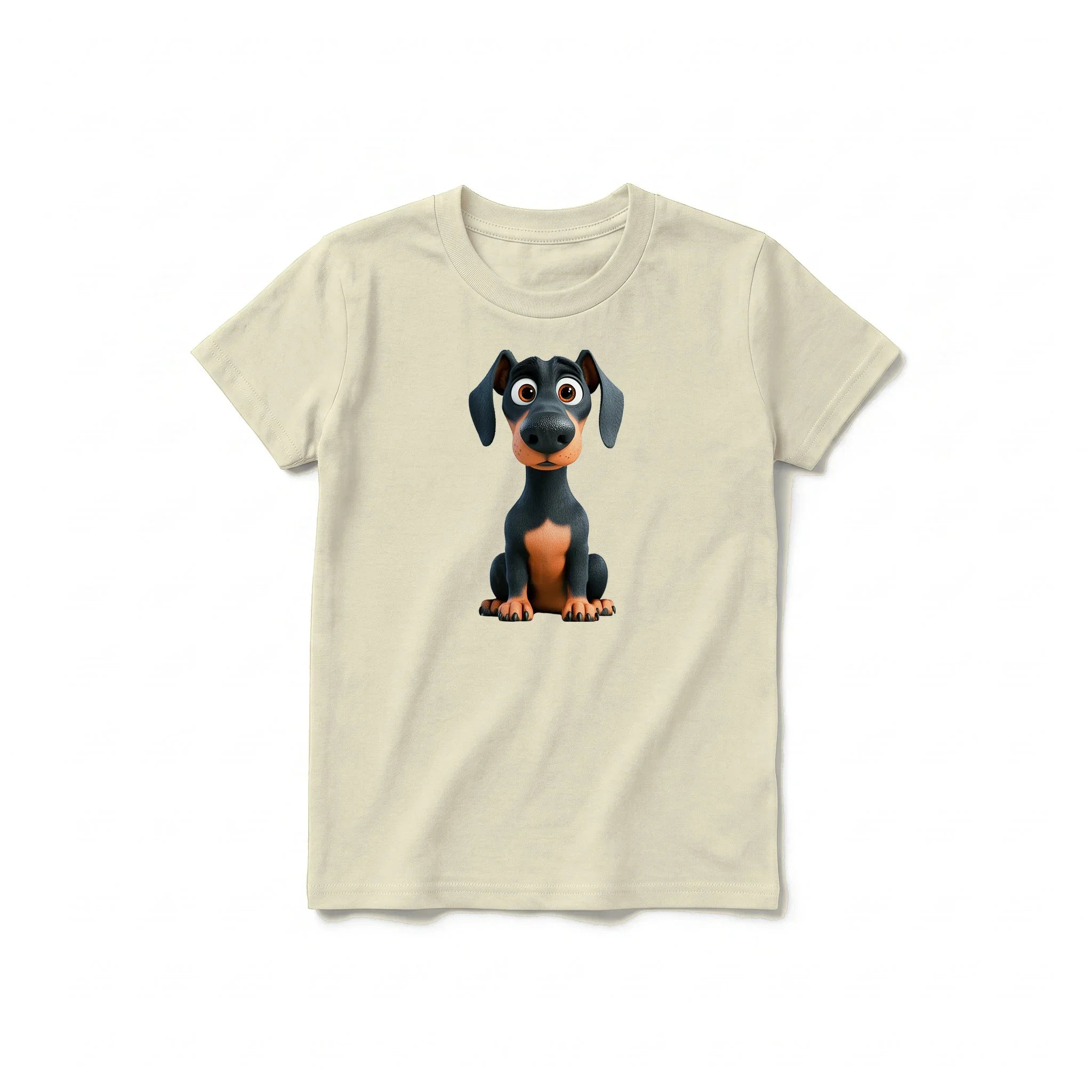 Un T-shirt latte à manches courtes et col rond pour jeune, orné d'un motif représentant un chien sur le devant.