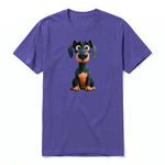 A purple short-sleeve crewneck t-shirt for adult featuring a graphic of a dog on the front.