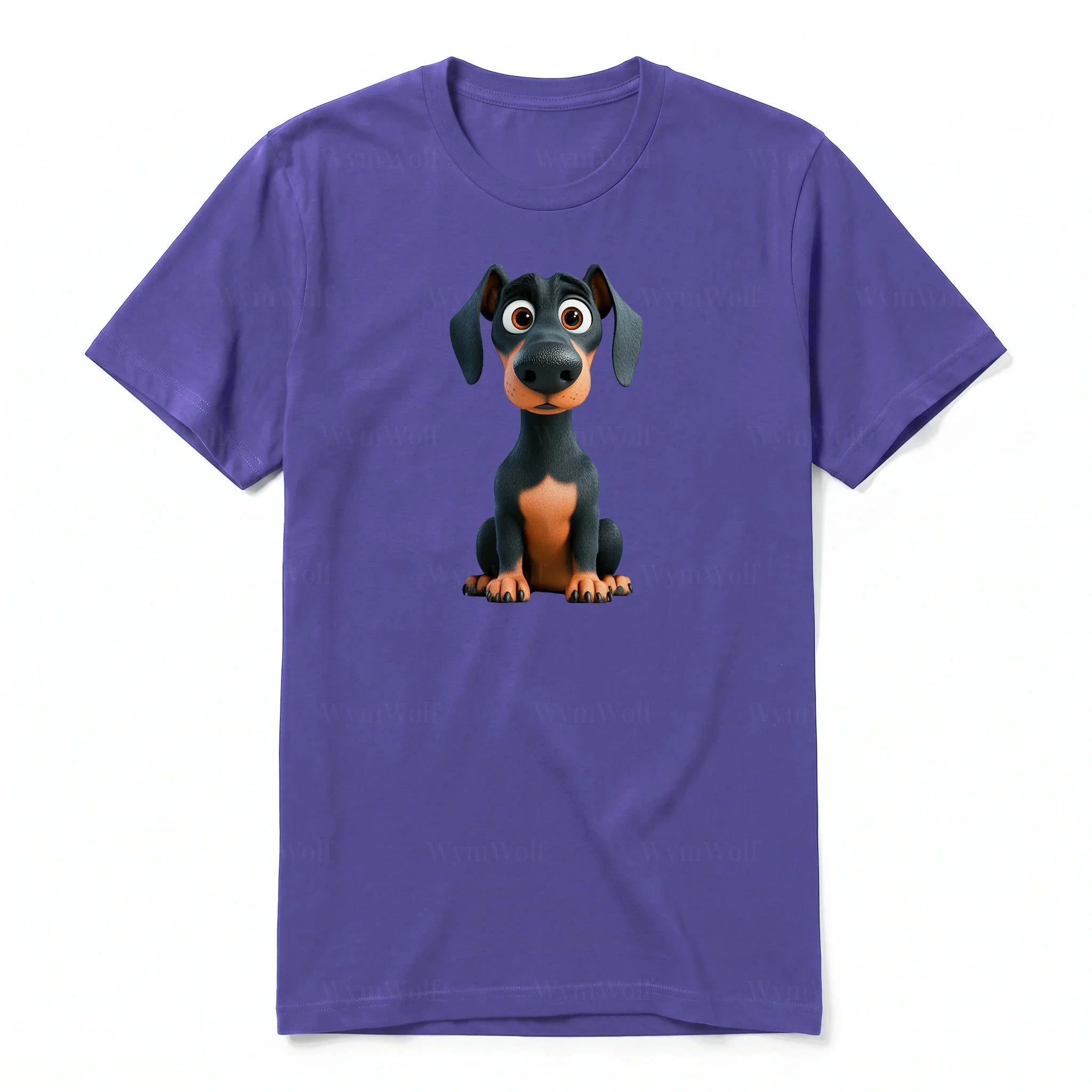 A purple short-sleeve crewneck t-shirt for adult featuring a graphic of a dog on the front.