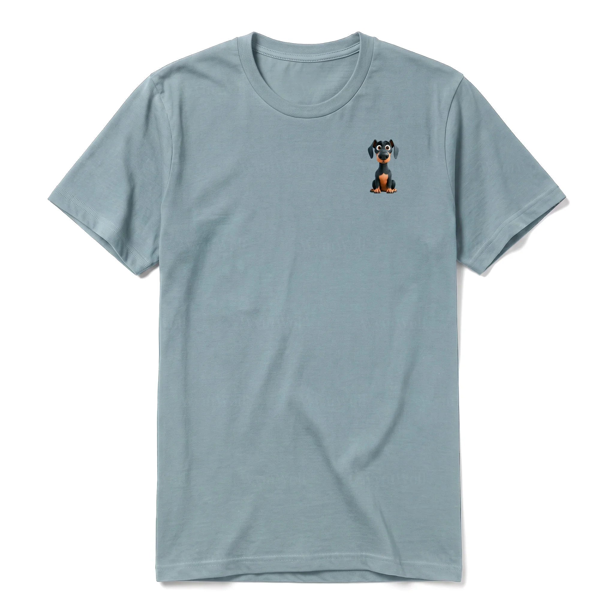 Un T-shirt sauge à manches courtes et col rond, orné d'un motif représentant un chien sur la poitrine gauche.