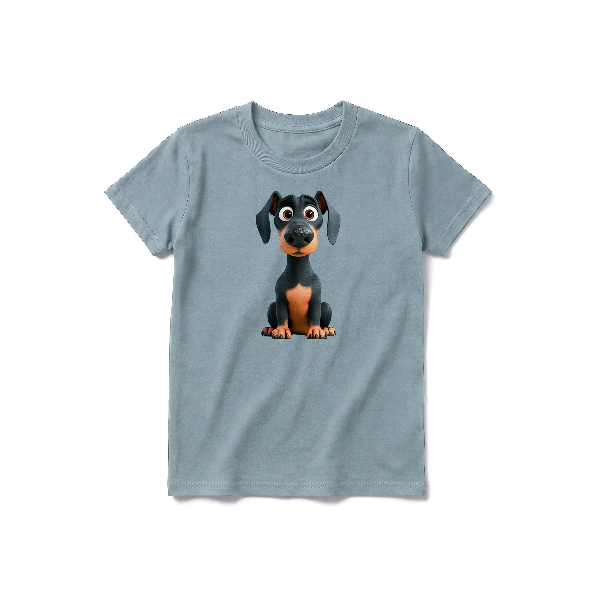 Un T-shirt sauge à manches courtes et col rond pour jeune, orné d'un motif représentant un chien sur le devant.