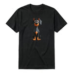 A black short-sleeve crewneck t-shirt for adult featuring a graphic of a dog on the front.