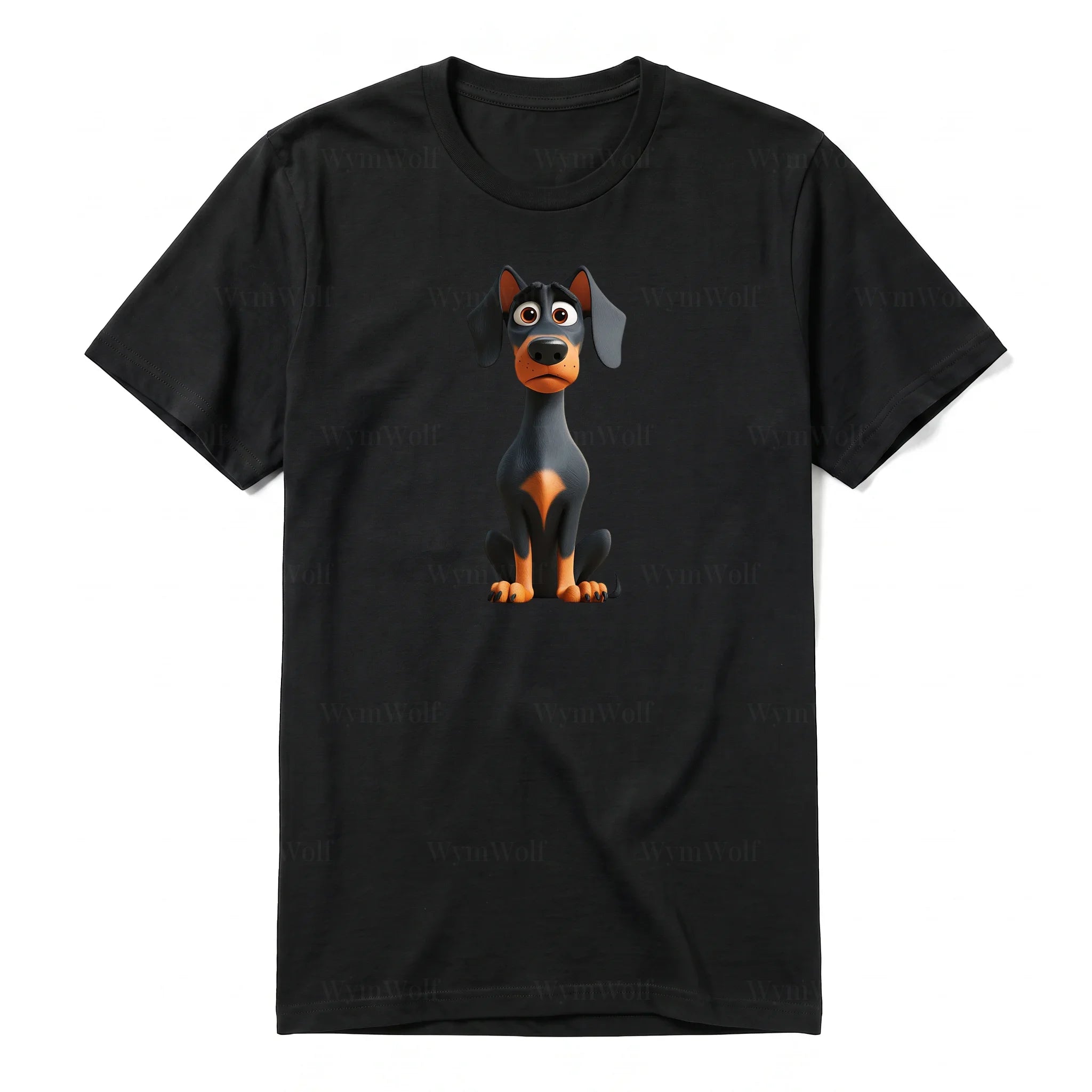 A black short-sleeve crewneck t-shirt for adult featuring a graphic of a dog on the front.