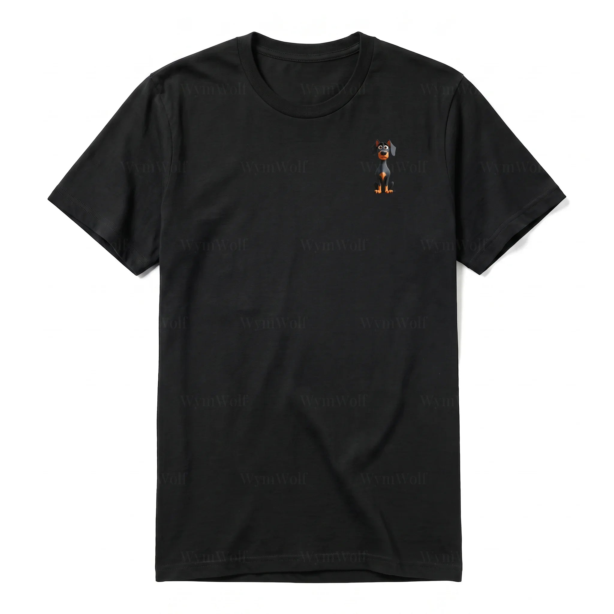 A black short-sleeve crewneck t-shirt for adult featuring a graphic of a dog on the left chest.