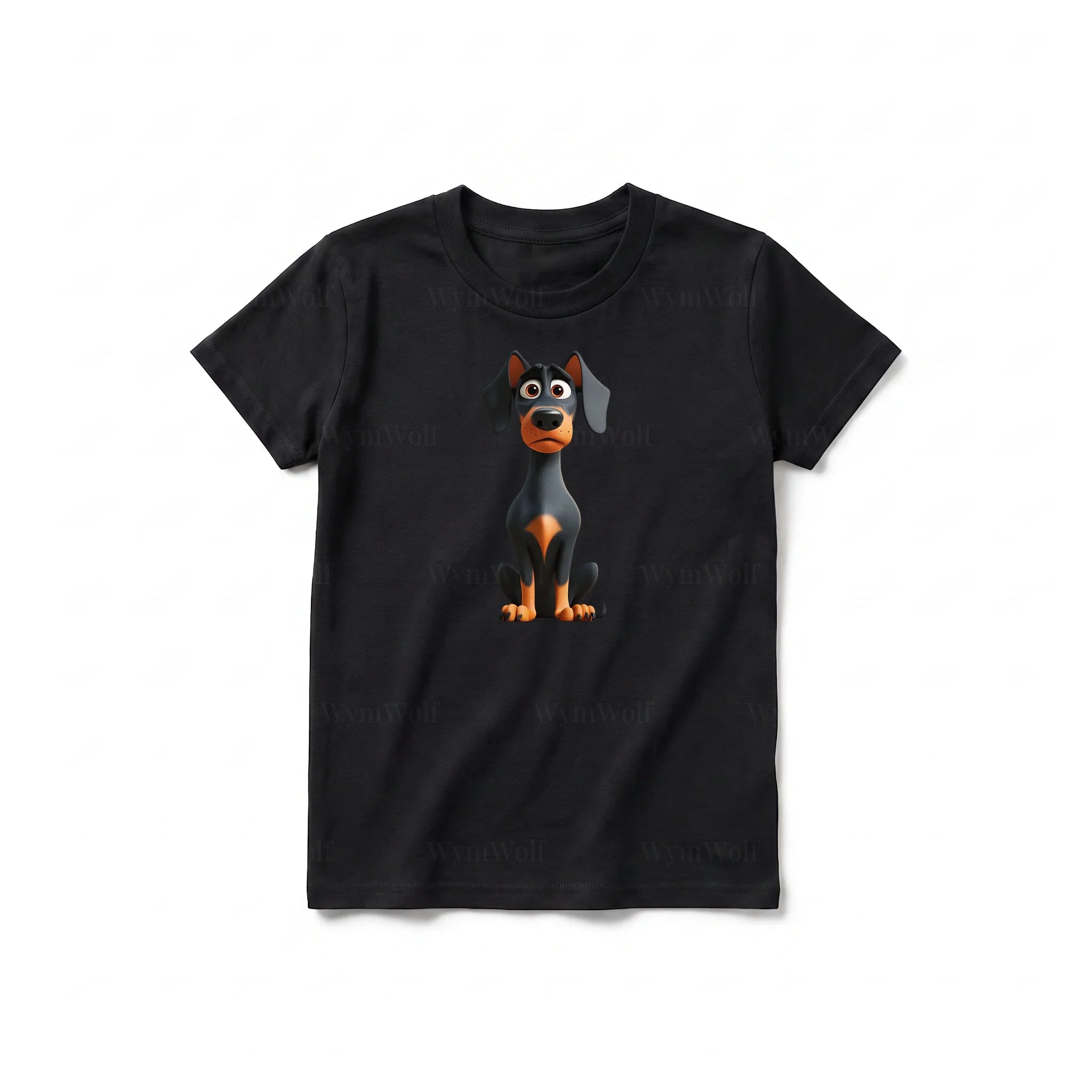 A black short-sleeve crewneck t-shirt for youth featuring a graphic of a dog on the front.