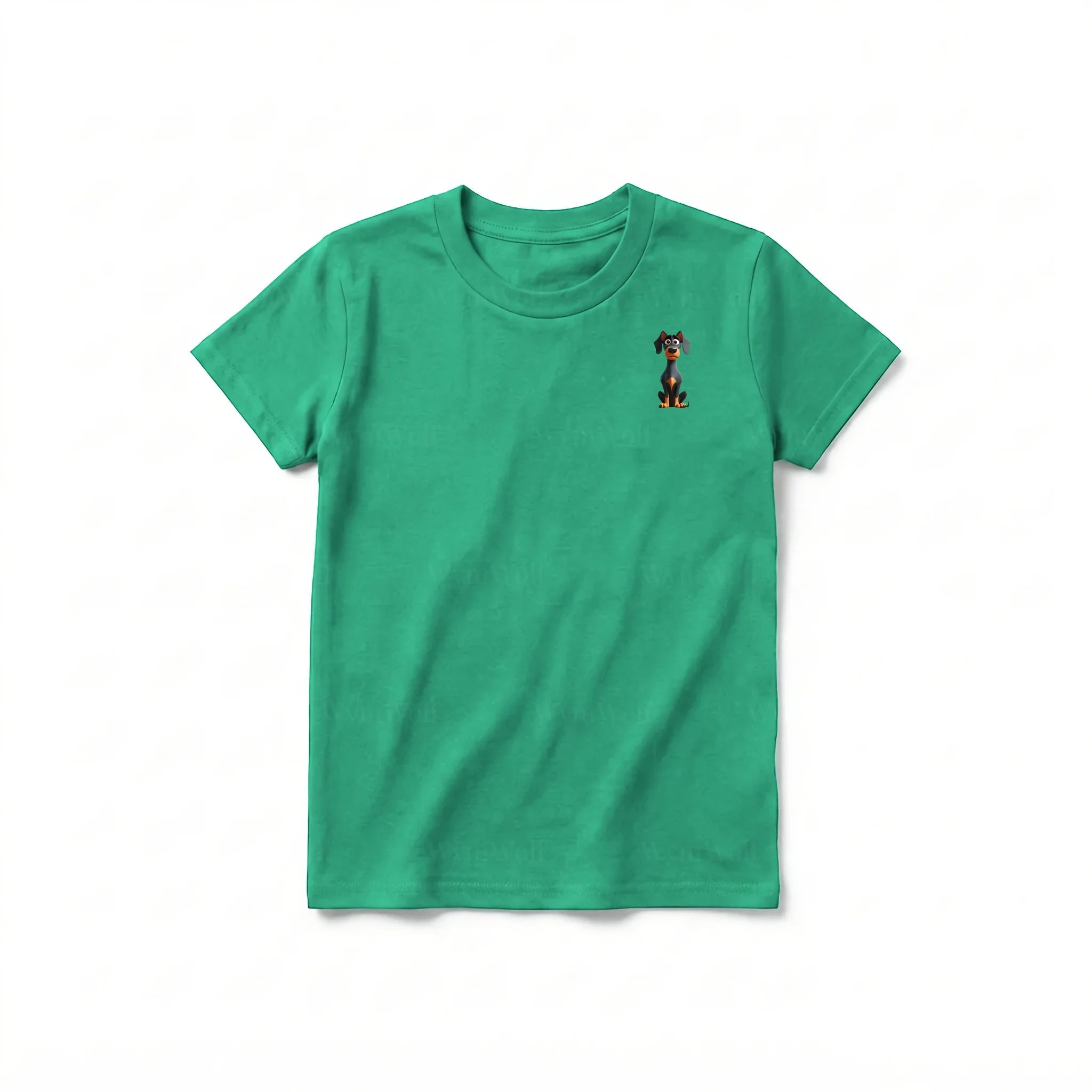 Un T-shirt kelly à manches courtes et col rond pour jeune, orné d'un motif représentant un chien sur la poitrine gauche.