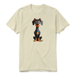 A latte short-sleeve crewneck t-shirt for adult featuring a graphic of a dog on the front.