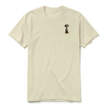 A latte short-sleeve crewneck t-shirt for adult featuring a graphic of a dog on the left chest.