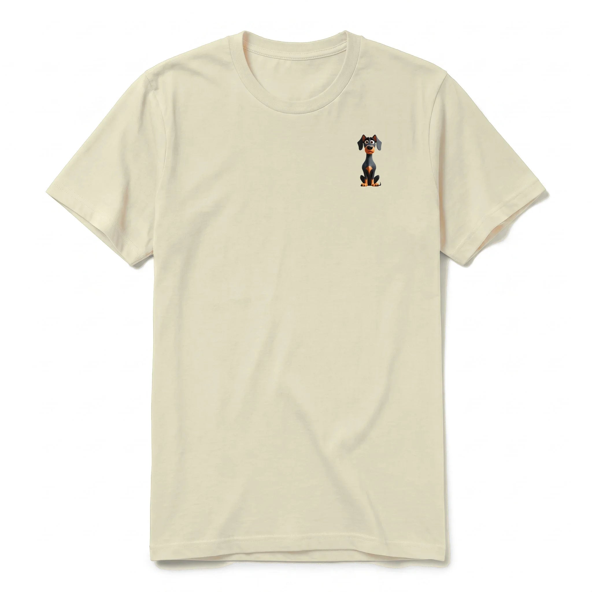 A latte short-sleeve crewneck t-shirt for adult featuring a graphic of a dog on the left chest.