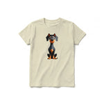 A latte short-sleeve crewneck t-shirt for youth featuring a graphic of a dog on the front.