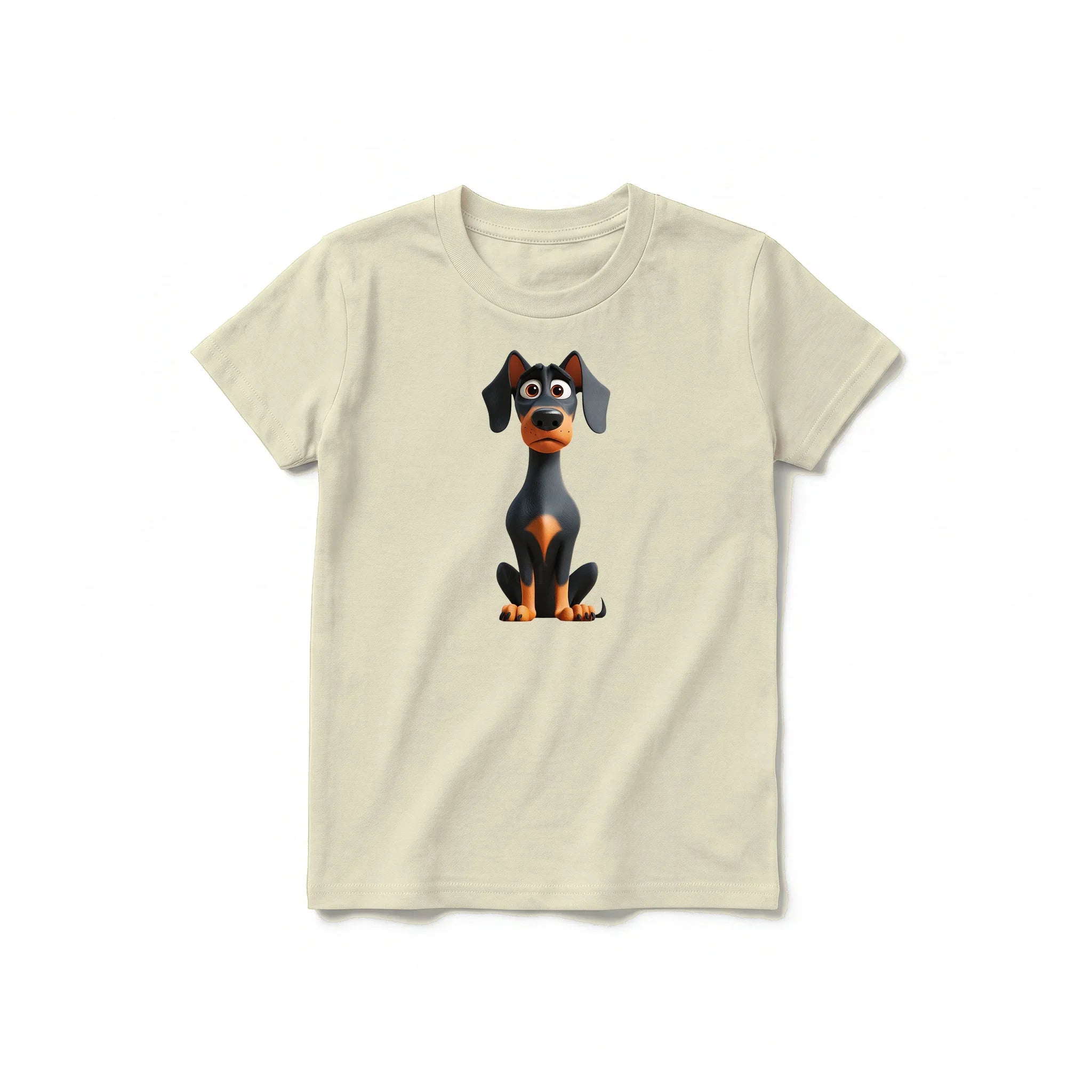 A latte short-sleeve crewneck t-shirt for youth featuring a graphic of a dog on the front.