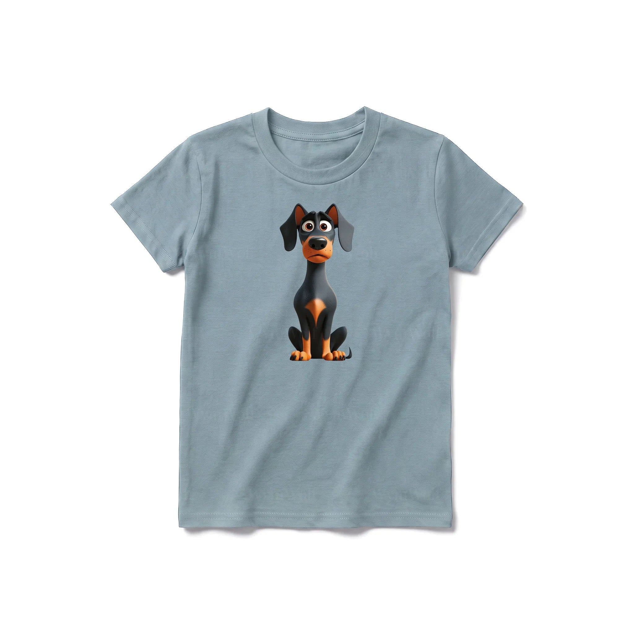 Un T-shirt sauge à manches courtes et col rond pour jeune, orné d'un motif représentant un chien sur le devant.