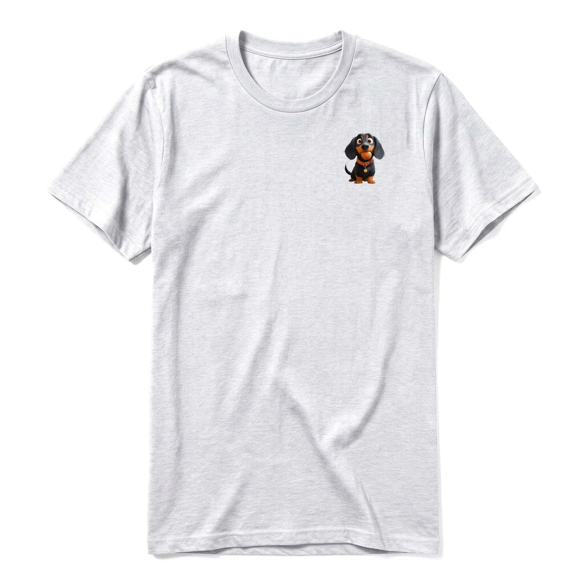 A ash grey short-sleeve crewneck t-shirt for adult featuring a graphic of a dog on the left chest.