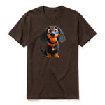 Un T-shirt chocolat à manches courtes et col rond, orné d'un motif représentant un chien sur le devant.