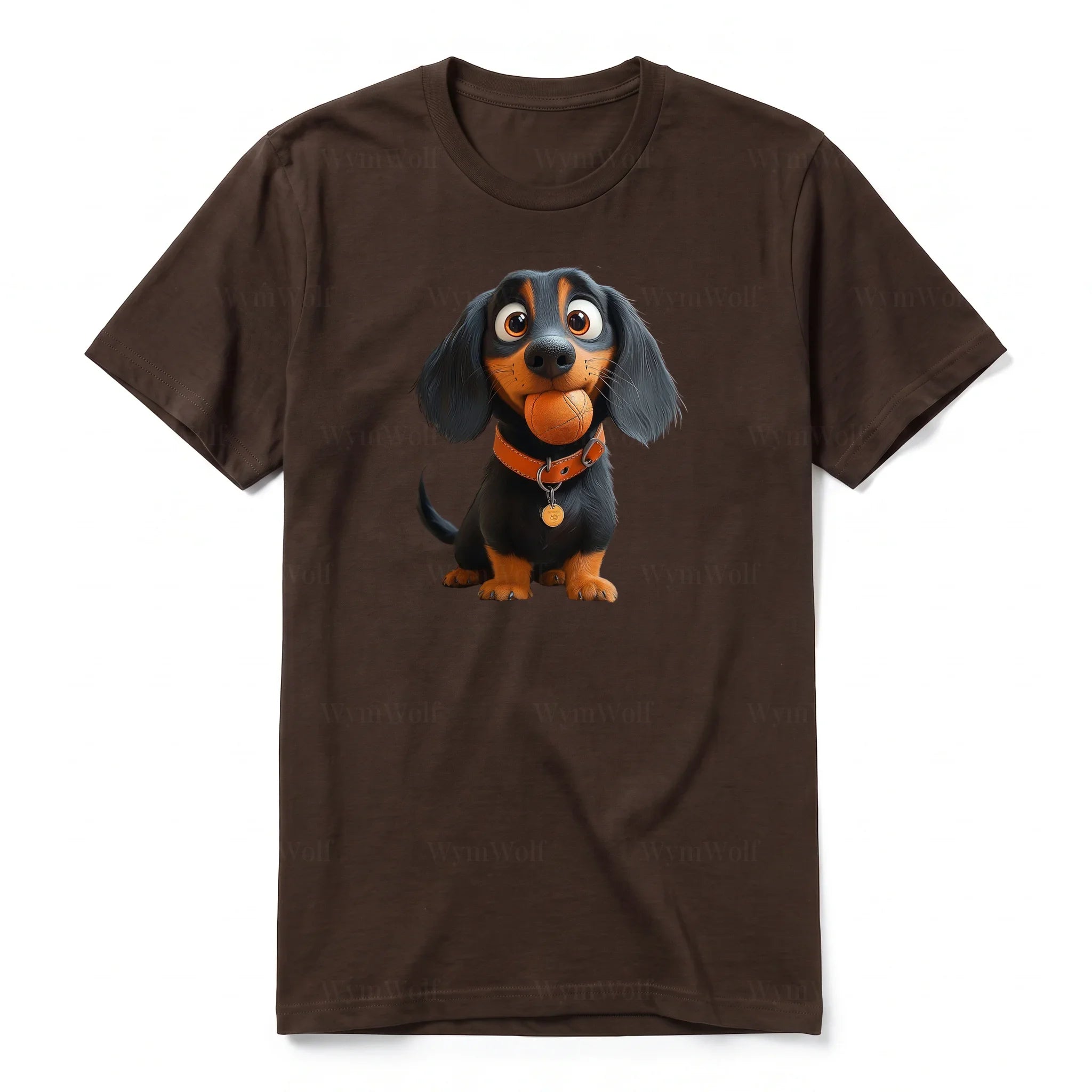 Un T-shirt chocolat à manches courtes et col rond, orné d'un motif représentant un chien sur le devant.