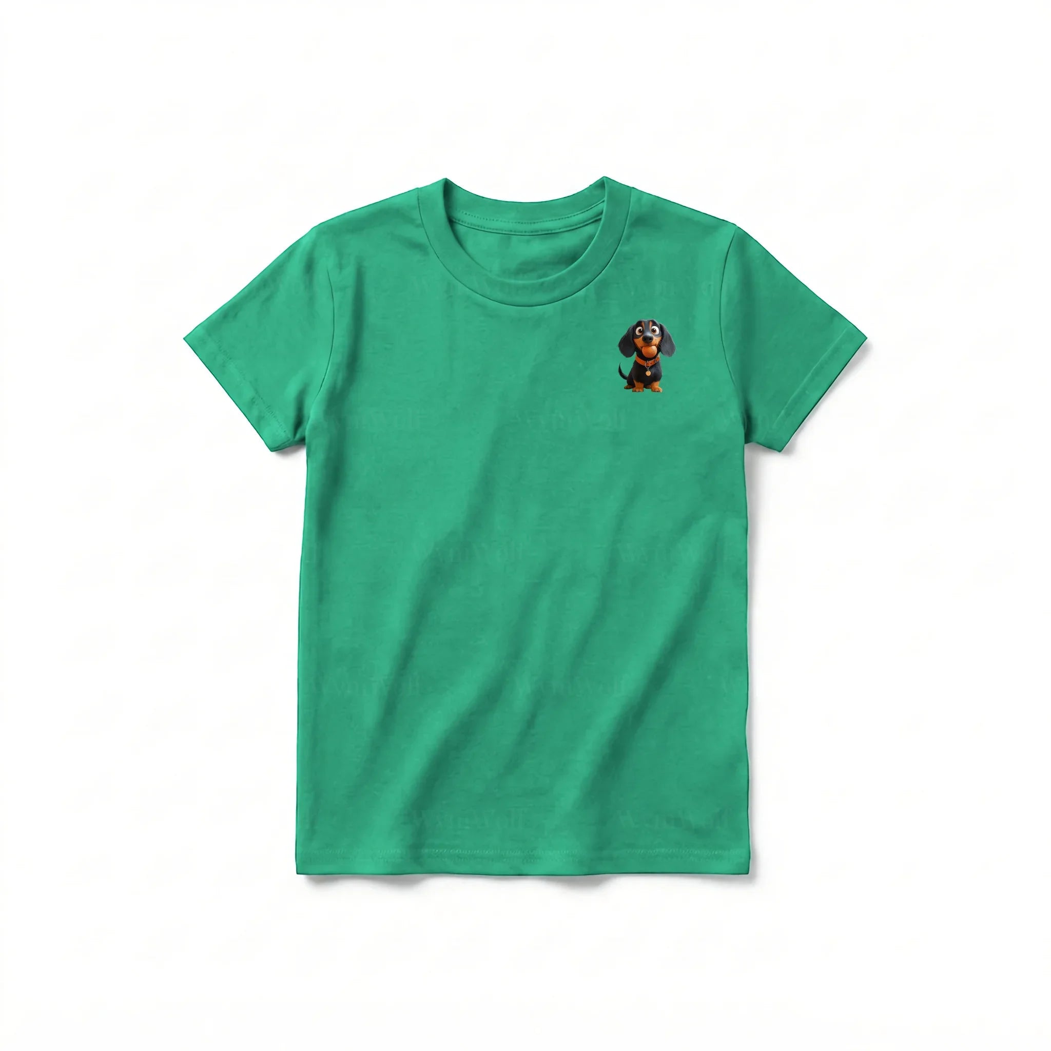Un T-shirt kelly à manches courtes et col rond pour jeune, orné d'un motif représentant un chien sur la poitrine gauche.