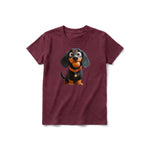 Un T-shirt marron à manches courtes et col rond pour jeune, orné d'un motif représentant un chien sur le devant.