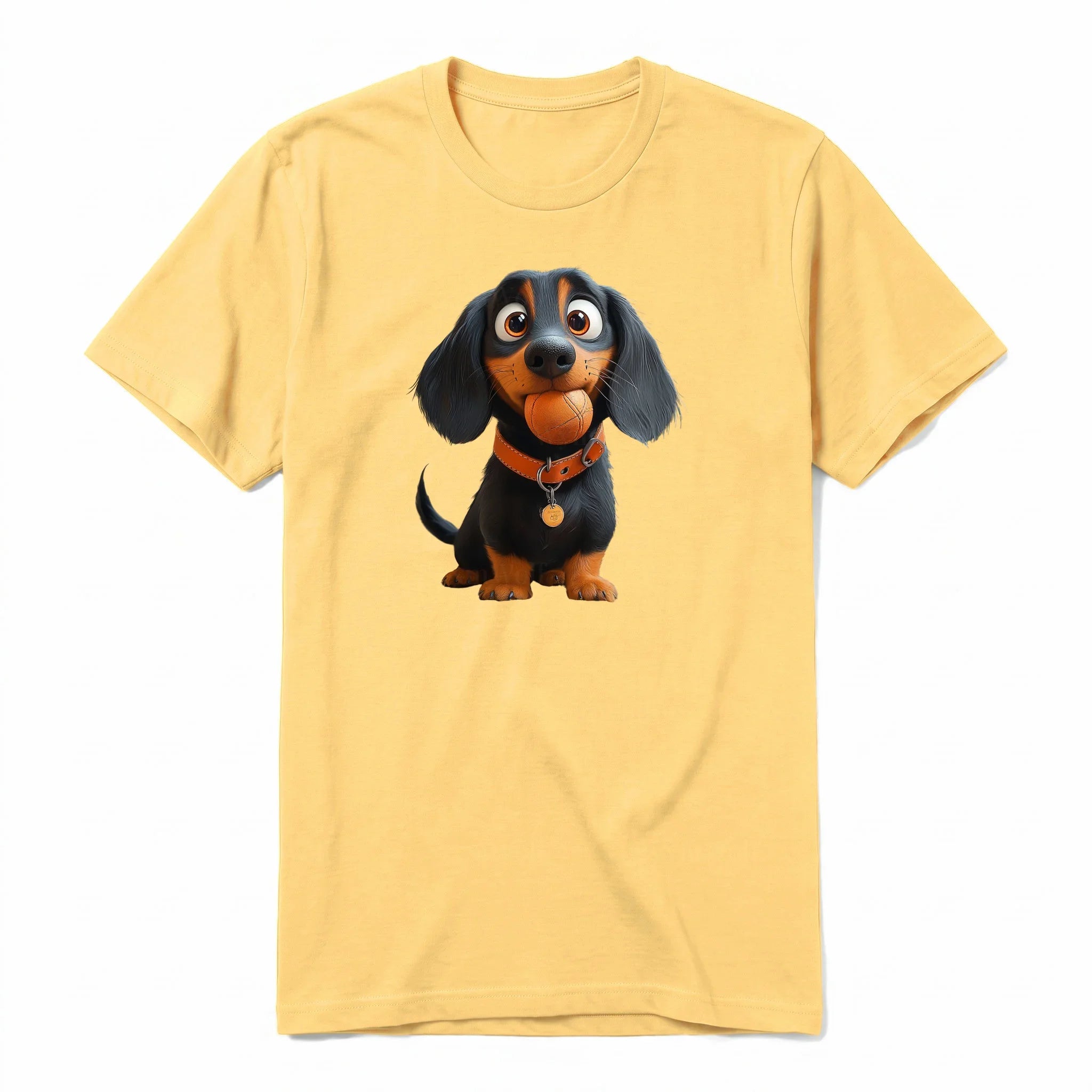 Un T-shirt moutarde à manches courtes et col rond, orné d'un motif représentant un chien sur le devant.