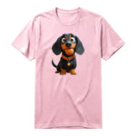 A pink short-sleeve crewneck t-shirt for adult featuring a graphic of a dog on the front.