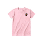 A pink short-sleeve crewneck t-shirt for youth featuring a graphic of a dog on the left chest.