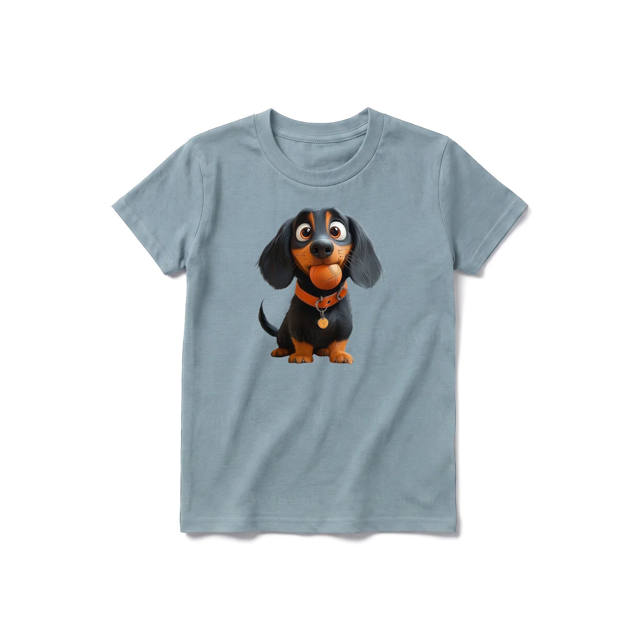 Un T-shirt sauge à manches courtes et col rond pour jeune, orné d'un motif représentant un chien sur le devant.