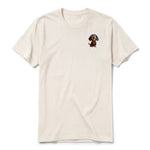 A vintage-white short-sleeve crewneck t-shirt for adult featuring a graphic of a dog on the left chest.
