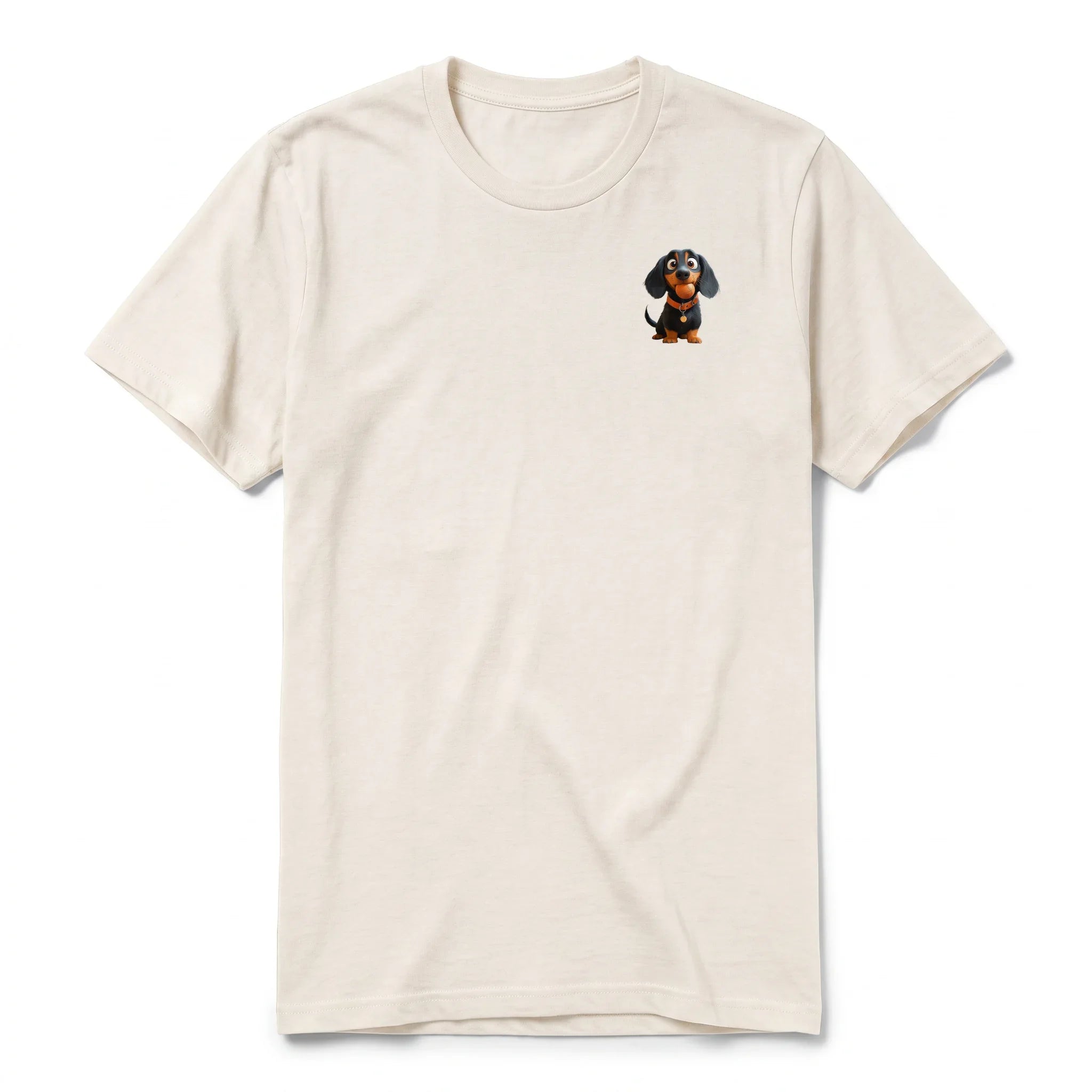 A vintage-white short-sleeve crewneck t-shirt for adult featuring a graphic of a dog on the left chest.