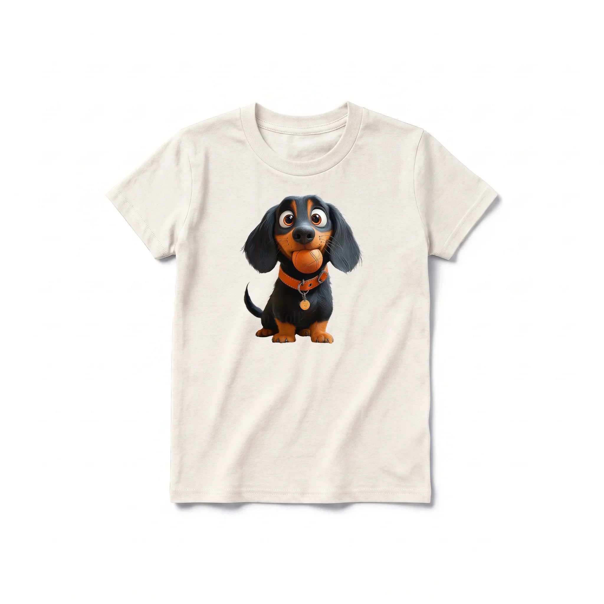 A vintage-white short-sleeve crewneck t-shirt for youth featuring a graphic of a dog on the front.