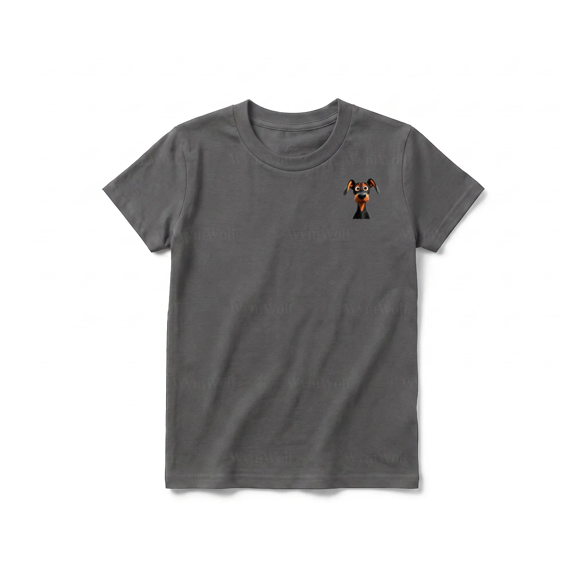 A charcoal short-sleeve crewneck t-shirt for youth featuring a graphic of a dog on the left chest.