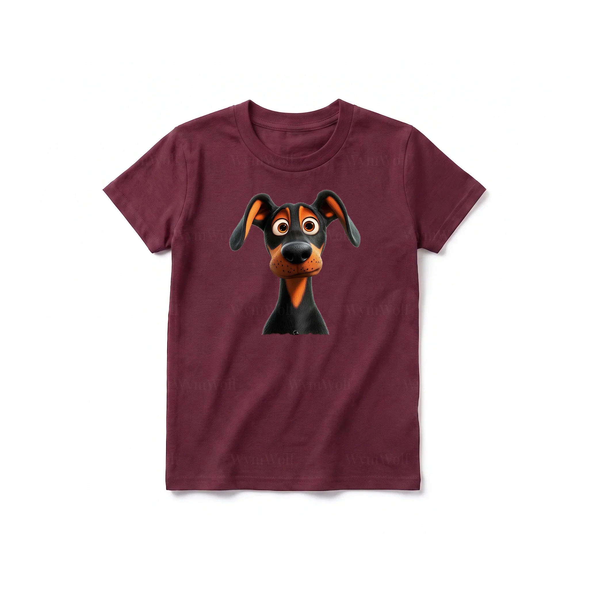 Un T-shirt marron à manches courtes et col rond pour jeune, orné d'un motif représentant un chien sur le devant.
