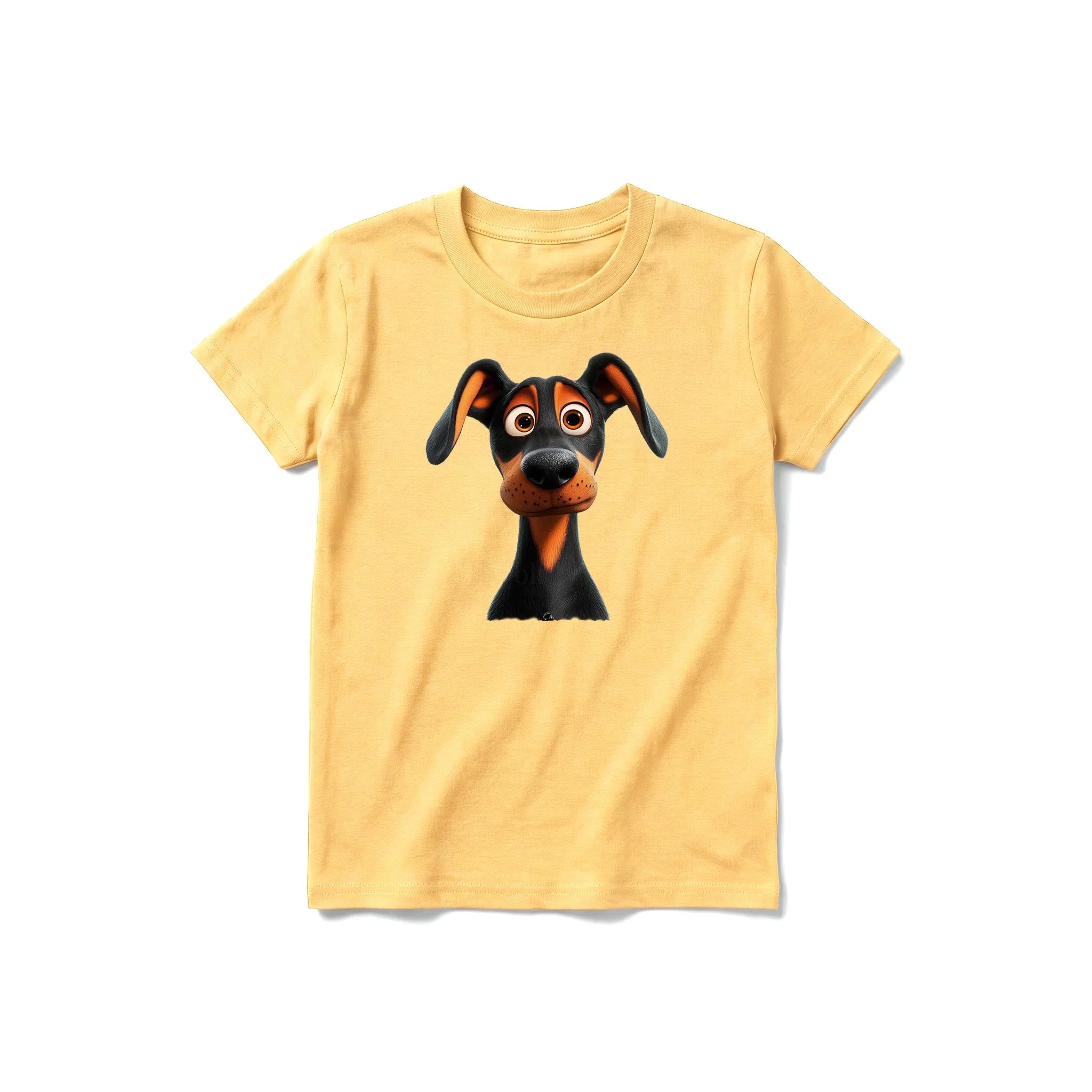 Un T-shirt moutarde à manches courtes et col rond pour jeune, orné d'un motif représentant un chien sur le devant.