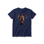 Un T-shirt marine à manches courtes et col rond pour jeune, orné d'un motif représentant un chien sur le devant.