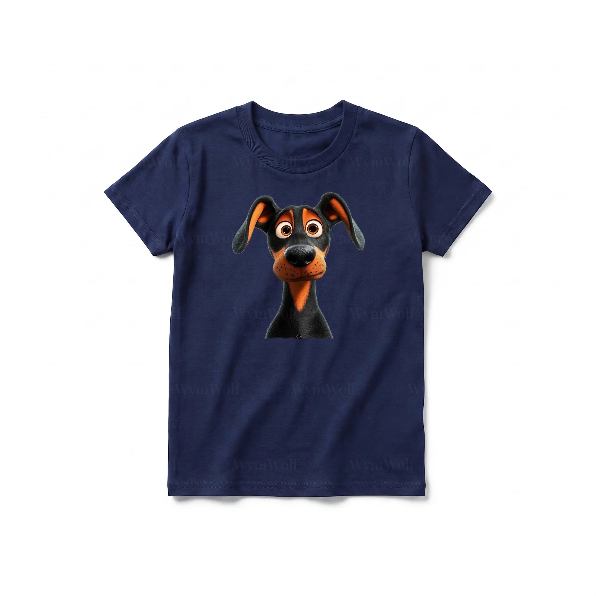 Un T-shirt marine à manches courtes et col rond pour jeune, orné d'un motif représentant un chien sur le devant.