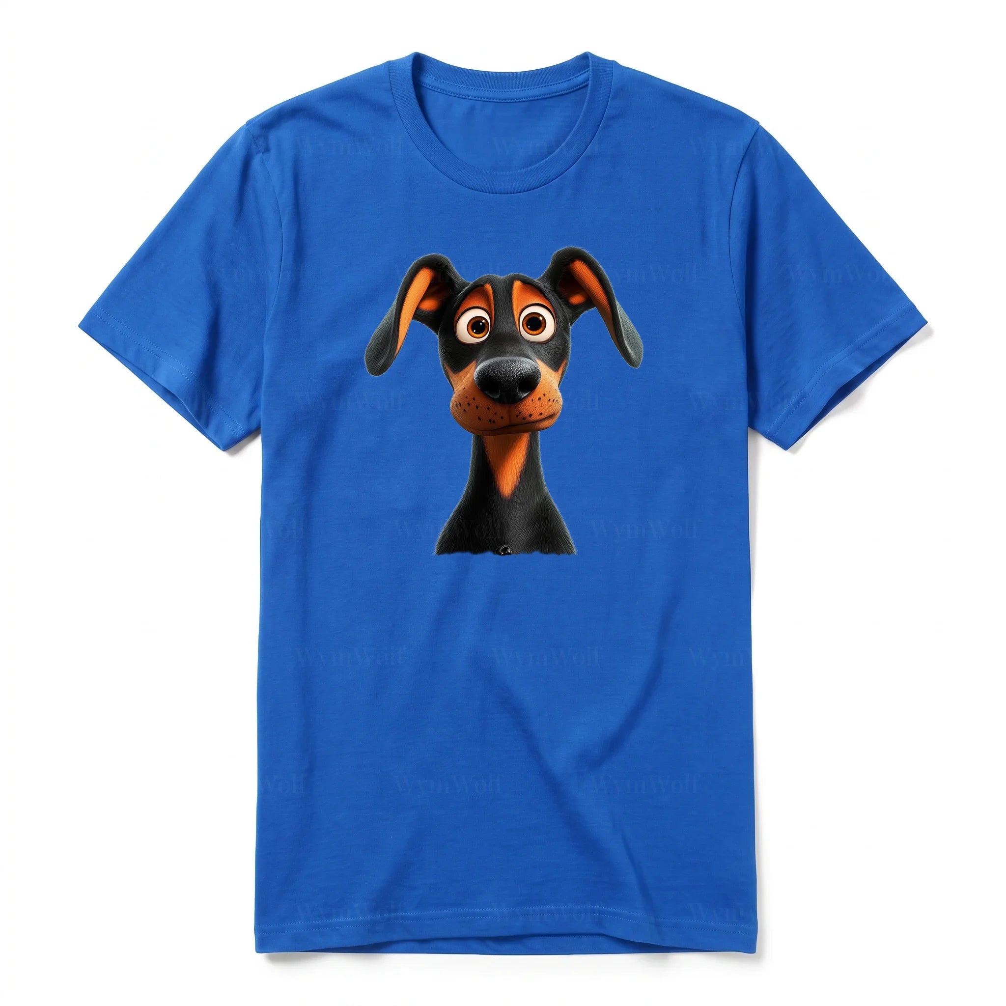 Un T-shirt royal à manches courtes et col rond, orné d'un motif représentant un chien sur le devant.