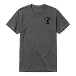 A charcoal short-sleeve crewneck t-shirt for adult featuring a graphic of a dog on the left chest.