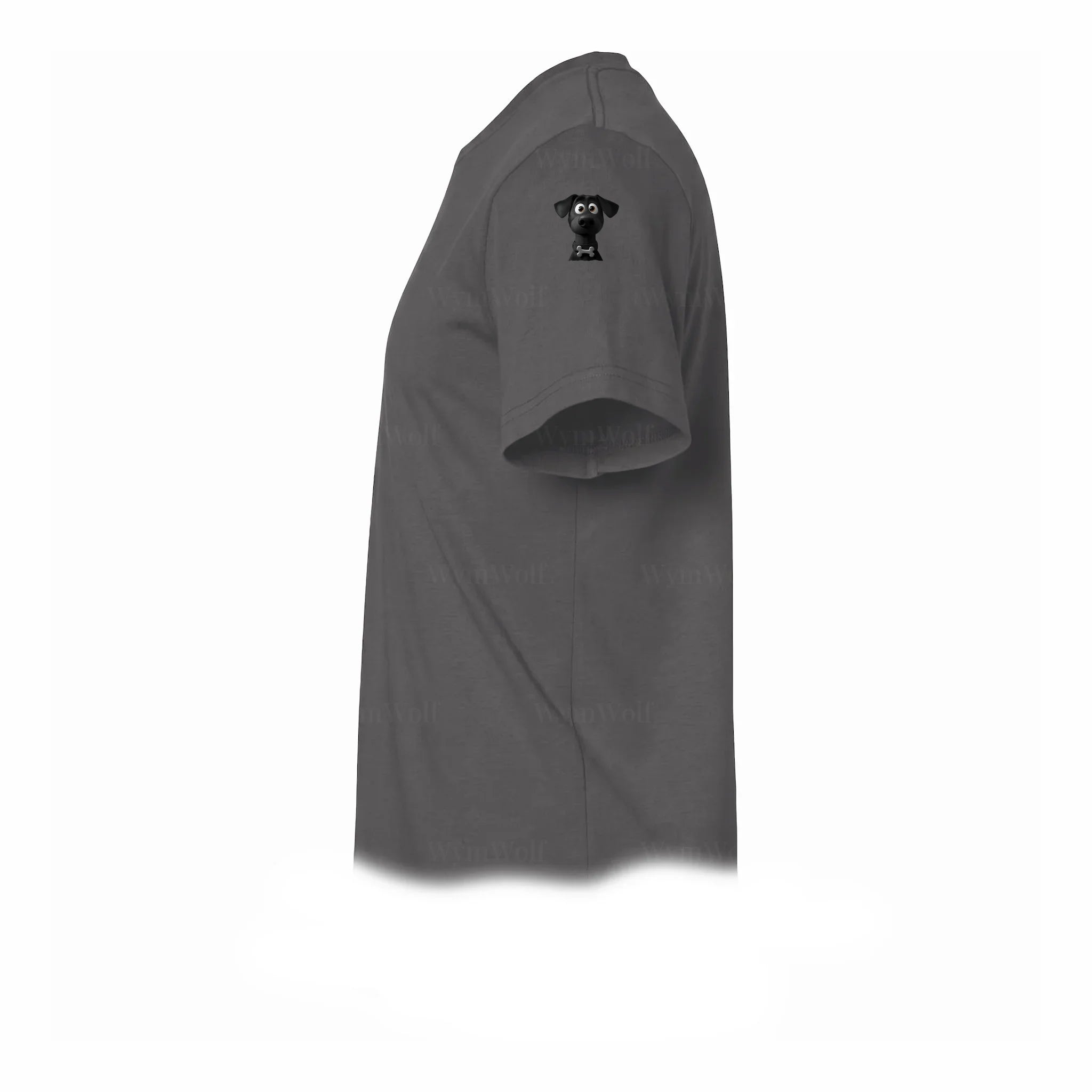 A charcoal short-sleeve crewneck t-shirt  featuring a small graphic of a dog on the upper left sleeve.