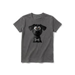 A charcoal short-sleeve crewneck t-shirt for youth featuring a graphic of a dog on the front.