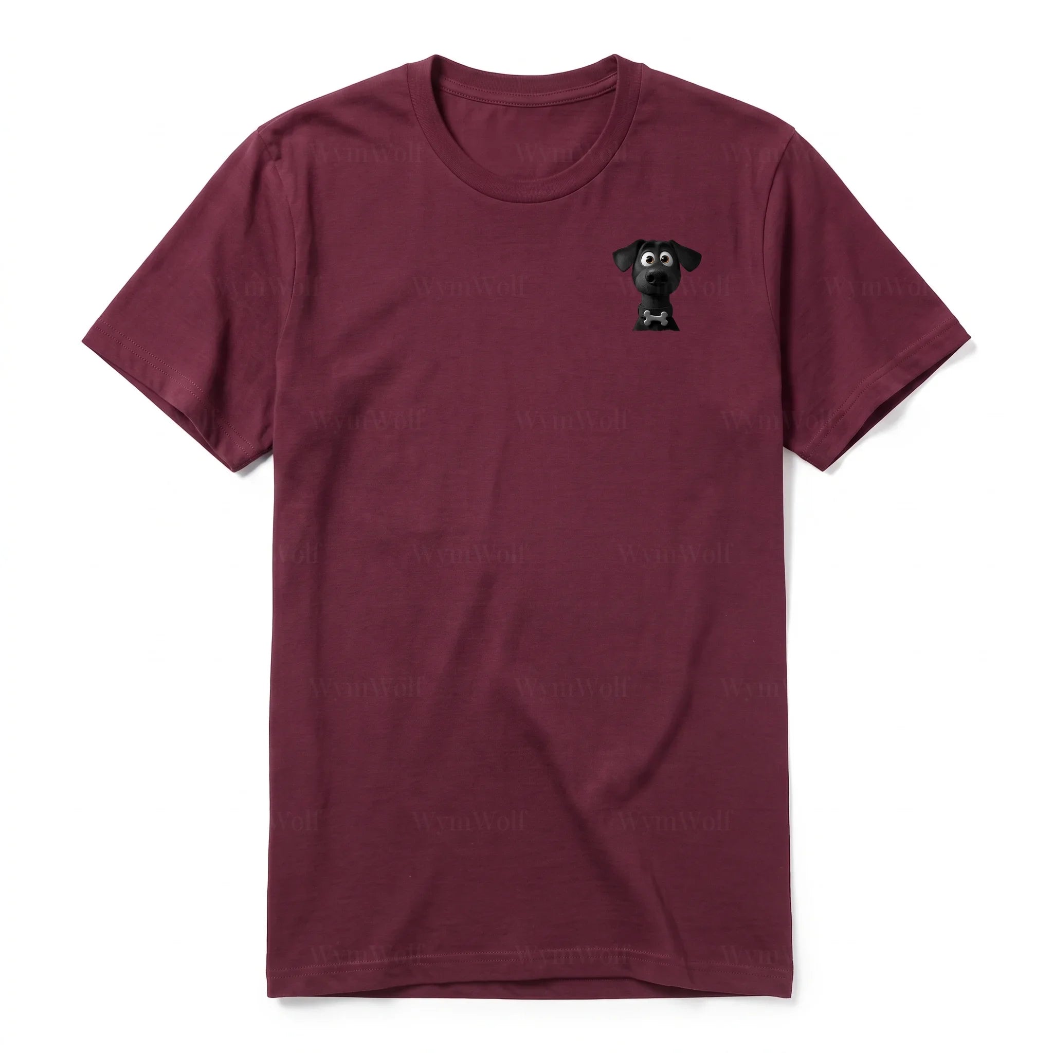 A maroon short-sleeve crewneck t-shirt for adult featuring a graphic of a dog on the left chest.