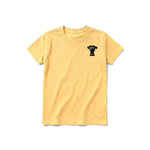 A mustard short-sleeve crewneck t-shirt for youth featuring a graphic of a dog on the left chest.