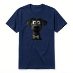 A navy short-sleeve crewneck t-shirt for adult featuring a graphic of a dog on the front.